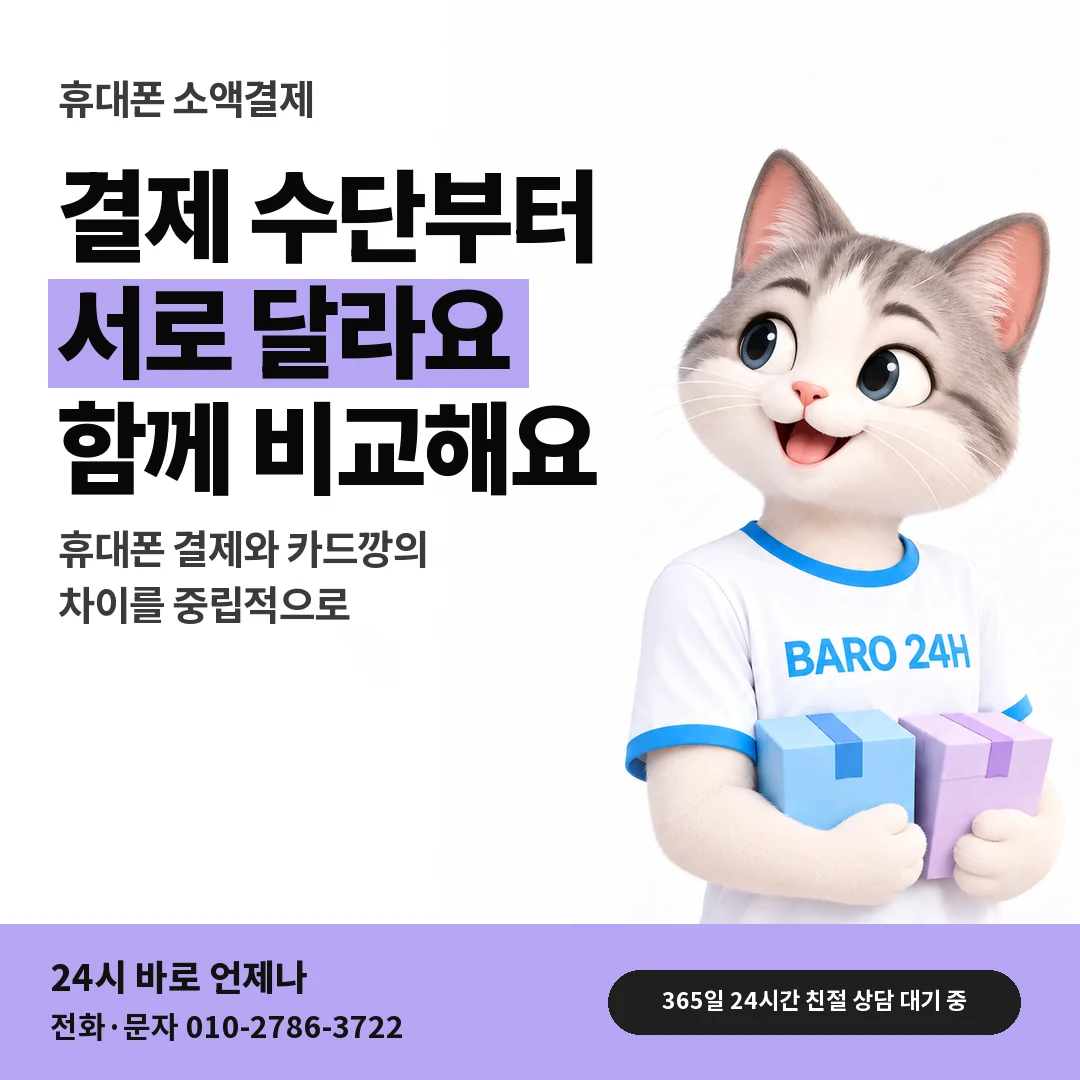 BARO 24H 티셔츠를 입은 3D 동물 캐릭터 옆에 「휴대폰 결제와 카드깡 구별」 제목을 얹은 안내 카드