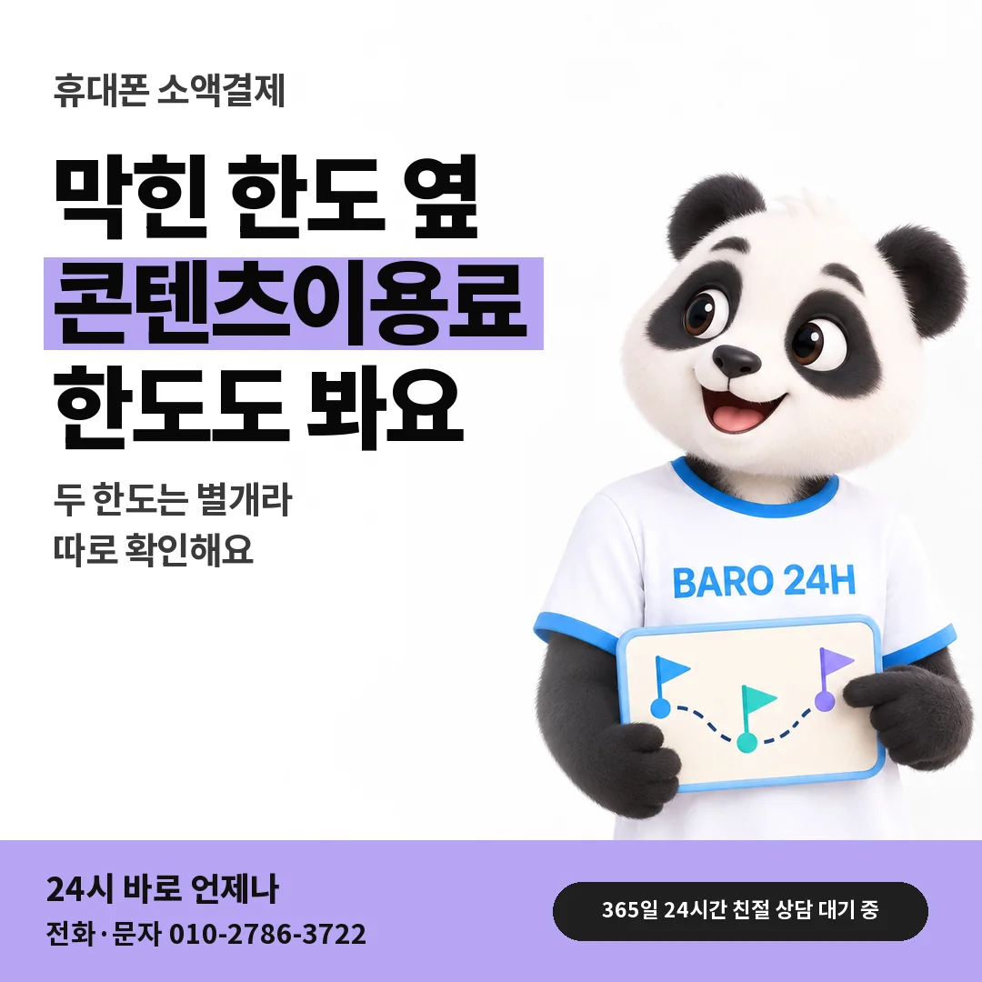 BARO 24H 티셔츠를 입은 3D 동물 캐릭터 옆에 「휴대폰 콘텐츠이용료 한도 보기」 제목을 얹은 안내 카드