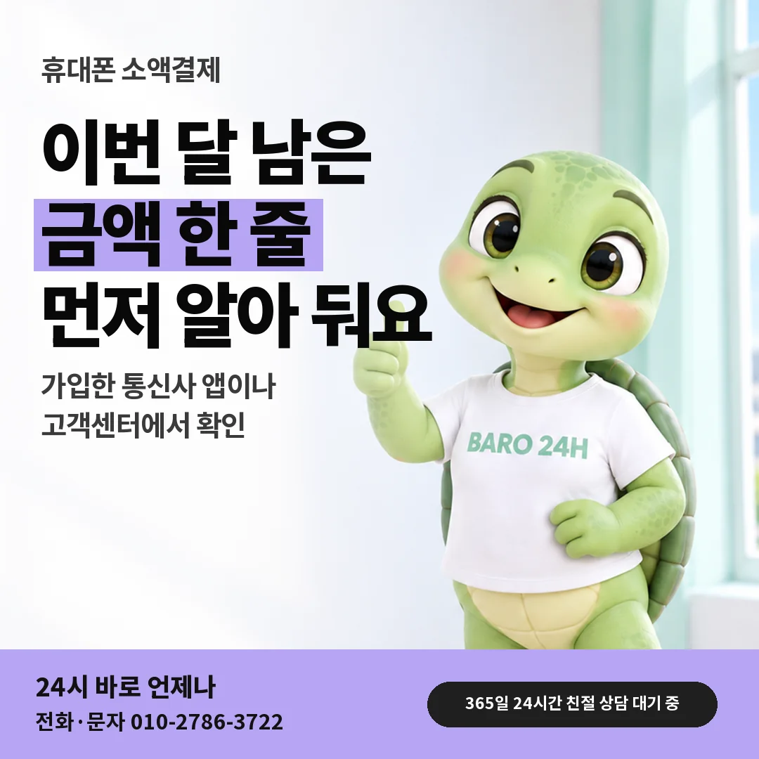 휴대폰을 보며 웃는 BARO 24H 티셔츠를 입은 3D 거북이 캐릭터 옆에 「휴대폰 남은 한도 알아보기」 제목을 얹은 안내 카드