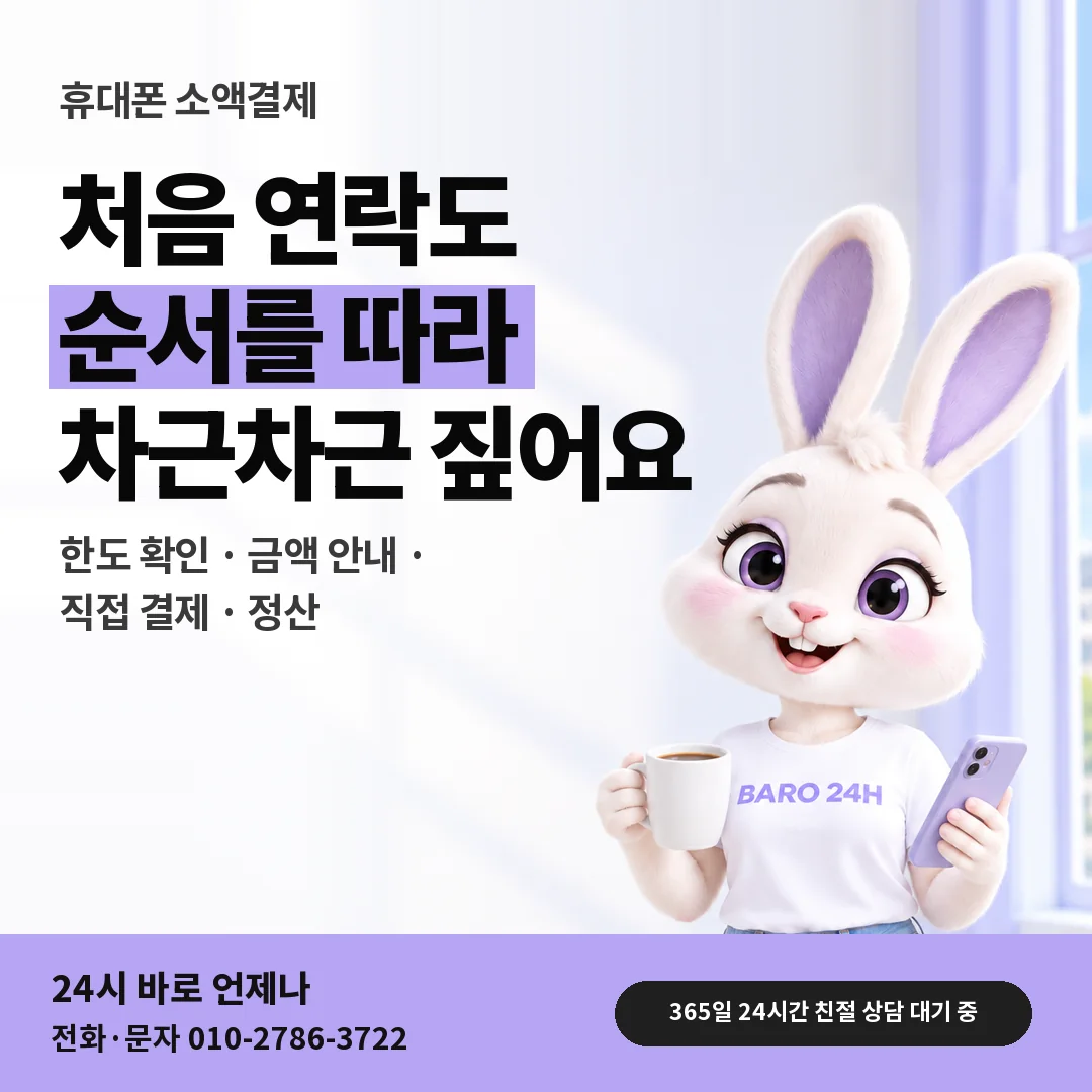 BARO 24H 티셔츠를 입은 3D 토끼 캐릭터 옆에 「휴대폰 소액결제 상담 순서」 제목을 얹은 안내 카드